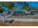 View of a blue home with fresh landscaping, large tree, and an inviting front yard at 5153 Bay Blvd, Port Richey, FL 34668