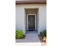 Home's front door featuring a black door, gray surround, and brick walkway at 9943 Campanula Ct, Land O Lakes, FL 34637