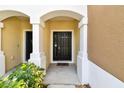 The entrance features a black door, covered entry, and manicured landscaping at 10135 Post Harvest Dr, Riverview, FL 33578