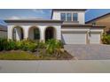 Charming home exterior showcasing arched entryway, paved driveway, and beautifully maintained landscaping at 13246 Twin Bridges Dr, Riverview, FL 33579