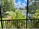 Scenic view of a tranquil pond with fountain, framed by tropical greenery from a screened-in lanai at 13833 Orange Sunset Dr # 201, Tampa, FL 33618
