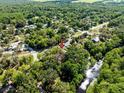 Aerial view showcasing the property nestled among trees and near a river, highlighting its location at 29133 Lawton Dr, Nobleton, FL 34661