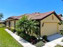 Single-story home showcasing meticulous landscaping with palm trees, a neatly manicured lawn, and a two-car garage at 334 Mystic Falls Dr, Apollo Beach, FL 33572