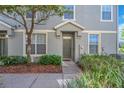 Charming front entrance with a well-kept yard, inviting pathway, and freshly painted olive colored door at 6851 Breezy Palm Dr, Riverview, FL 33578