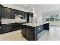 Modern kitchen features an expansive island, stainless appliances, and sleek dark cabinetry at 11423 Shoreline Trl, Parrish, FL 34219