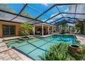 Beautiful screened-in pool area with a covered lanai and lush landscaping at 785 Hickory Ln, Palm Harbor, FL 34683