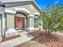 Inviting front entrance with a welcoming pink door, decorative wreath, and neat landscaping at 12322 Hawkeye Point Pl, Riverview, FL 33578
