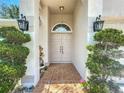 Elegant double front doors framed by lush greenery and classic sconce lighting at 11216 Longbrooke Dr, Riverview, FL 33579