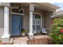 Inviting front porch with a blue front door, seating area, and decorative plants creating a welcoming entrance at 18714 Chemille Dr, Lutz, FL 33558