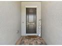 Home's entryway with a covered porch, brick flooring, and a welcoming 'Home Sweet Home' sign at 21506 Snowy Orchid Ter, Land O Lakes, FL 34637