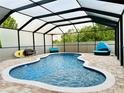 Screened-in swimming pool features a brick paver deck with outdoor furniture and view of the backyard at 10005 Sage Creek Dr, Ruskin, FL 33573