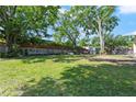 Large backyard with mature trees, a brick fence, and ample green space for recreation and relaxation at 3910 W Comanche Ave, Tampa, FL 33614