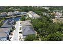 Aerial view of a community with a pond, mature trees and residential townhomes at 6617 Citrus Creek Ln, Tampa, FL 33625