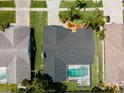 Overhead shot of a fenced-in back yard featuring a private screened-in pool and well-manicured landscaping at 1805 Stable Trl, Palm Harbor, FL 34685