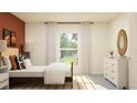 Bright bedroom featuring a large window with sheer curtains, a decorative mirror, and a dresser at 10870 Rustic Eve Ct, Land O Lakes, FL 34638