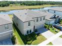 The aerial view displays the property's backyard and neighborhood, near the beautiful lake at 14623 Horse Trot Rd, Lithia, FL 33547