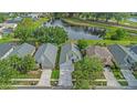 An aerial shot showcases this lovely home with a pond view, highlighting its location in a desirable neighborhood at 18836 Maisons Dr, Lutz, FL 33558