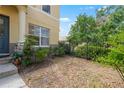Front lawn featuring an iron fence, decorative tree, and well maintained garden at 246 Castlekeeper Pl, Valrico, FL 33594