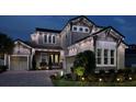 Stunning two-story home exterior illuminated with decorative lighting and a brick driveway at 3952 Bonfire Dr, Odessa, FL 33556