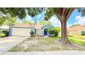 Charming single-story home with a blue exterior, mature landscaping, and an attached two-car garage at 28818 Midnight Star Loop, Wesley Chapel, FL 33543