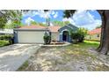 Inviting single-Gathering home featuring a well-manicured lawn, blue paint, and an attached garage at 28818 Midnight Star Loop, Wesley Chapel, FL 33543