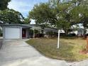 Single story home featuring an attached garage, red door, tropical landscaping and mature trees at 1542 Sherwood St, Clearwater, FL 33755