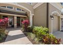 Inviting entrance with colorful plants and archways leading to a dark wood front door at 11442 Crowned Sparrow Ln, Tampa, FL 33626