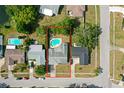 Aerial view highlighting a home with a backyard pool and bordered by mature trees, offering a private retreat at 2964 Catherine Dr, Clearwater, FL 33759