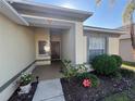 Inviting front porch with decorative planters and a textured exterior at 7326 Cutwater Ln, Wesley Chapel, FL 33545