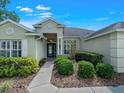 Inviting home entryway showcasing a blue front door, landscaped bushes, and a well-lit porch at 17311 Hubers Ct, Odessa, FL 33556