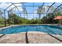Relaxing screened-in pool with clear blue water and brick patio, set against a backdrop of lush greenery and blue skies at 7207 Peregrina Loop, Wesley Chapel, FL 33545