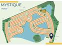 Aerial view of the Mystique community showcasing lot locations, water features and neighborhood amenities at 2528 Charter Oak Dr, North Port, FL 34289