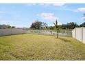Large, fenced backyard with green lawn and peaceful pond view, offering privacy and serene natural scenery at 4025 Capri Coast Dr, Plant City, FL 33565