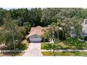 Birds-eye view showcasing the lovely home, driveway, and surrounding lush landscaping and mature trees at 4765 Lake Valencia W Blvd, Palm Harbor, FL 34684