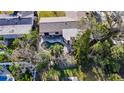 Aerial view of a property featuring a kidney-shaped pool surrounded by mature trees at 920 Palm Dr, Belleair Beach, FL 33786