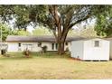 Spacious backyard with mature trees, shed, perfect for outdoor activities and relaxation at 12213 Floral Ln, Thonotosassa, FL 33592