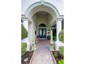 Elegant front entrance with ornate columns and double doors, plus manicured greenery at 9630 Tree Tops Lake Rd, Tampa, FL 33626