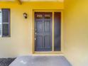 Inviting front entrance with a dark-stained door, decorative sconce, and contrasting yellow trim at 7280 Tarrytown Dr, Spring Hill, FL 34606