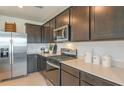 Modern kitchen with stainless steel appliances, dark cabinetry, and light countertops at 9959 Trellis Vine Way, Parrish, FL 34219