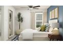 Serene bedroom with white linens, modern decor, a decorative mirror, and plenty of natural light at 12969 Shining Blue Nile Ln, Parrish, FL 34219
