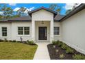 Close-up of home's entrance featuring a modern black door, manicured landscaping, and accent lighting at 16431 Penn State Rd, Weeki Wachee, FL 34614