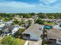 A charming neighborhood with mature trees and manicured lawns, featuring a sparkling blue pool in one of the backyards at 3042 57Th N Ave, St Petersburg, FL 33714