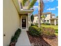 Charming front door with decorative wreath, framed by lush landscaping and mature palm tree at 582 53Rd N Ave, St Petersburg, FL 33703
