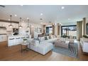 Bright, open-concept living room featuring hardwood floors, modern lighting, and a large comfortable sofa at 9966 Trellis Vine Way, Parrish, FL 34219