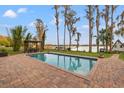 Relaxing outdoor pool with brick pavers, pergola, and stunning lake views at 21918 Shamu Dr, Land O Lakes, FL 34639
