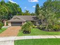 Inviting single-story home with mature landscaping, brick driveway, and an American flag waving gently at 3320 Pattie Pl, Palm Harbor, FL 34685