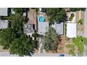 Aerial view of a home with a backyard pool, surrounded by mature trees and lush greenery at 7428 36Th N Ave, St Petersburg, FL 33710