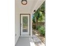 Close-up of a stylish front door, showcasing glass inserts, a modern handle, and clean architectural lines at 6204 Nebraska Ave, New Port Richey, FL 34653