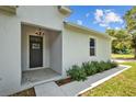 Inviting front entrance showcasing a stylish chandelier, fresh landscaping, and modern details at 7603 Rhode Island Dr, Tampa, FL 33619