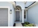 Inviting front entrance with a gray door, arched entryway, and modern light fixture for added curb appeal at 4105 Waterville Ave, Wesley Chapel, FL 33543